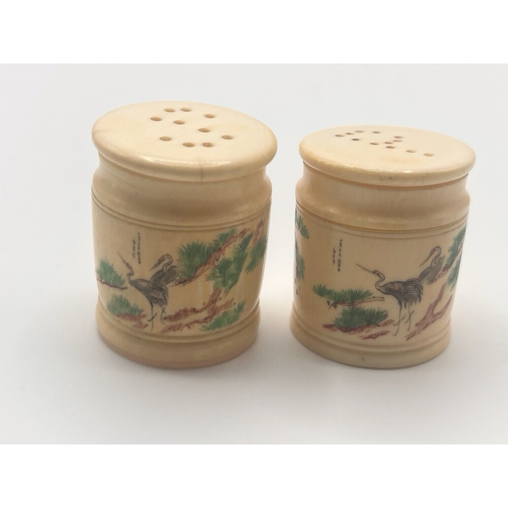Rare 1930s Celluloid Salt & Pepper Shakers Handpainted Asian Crane Tree Motif - Picture 10 of 12